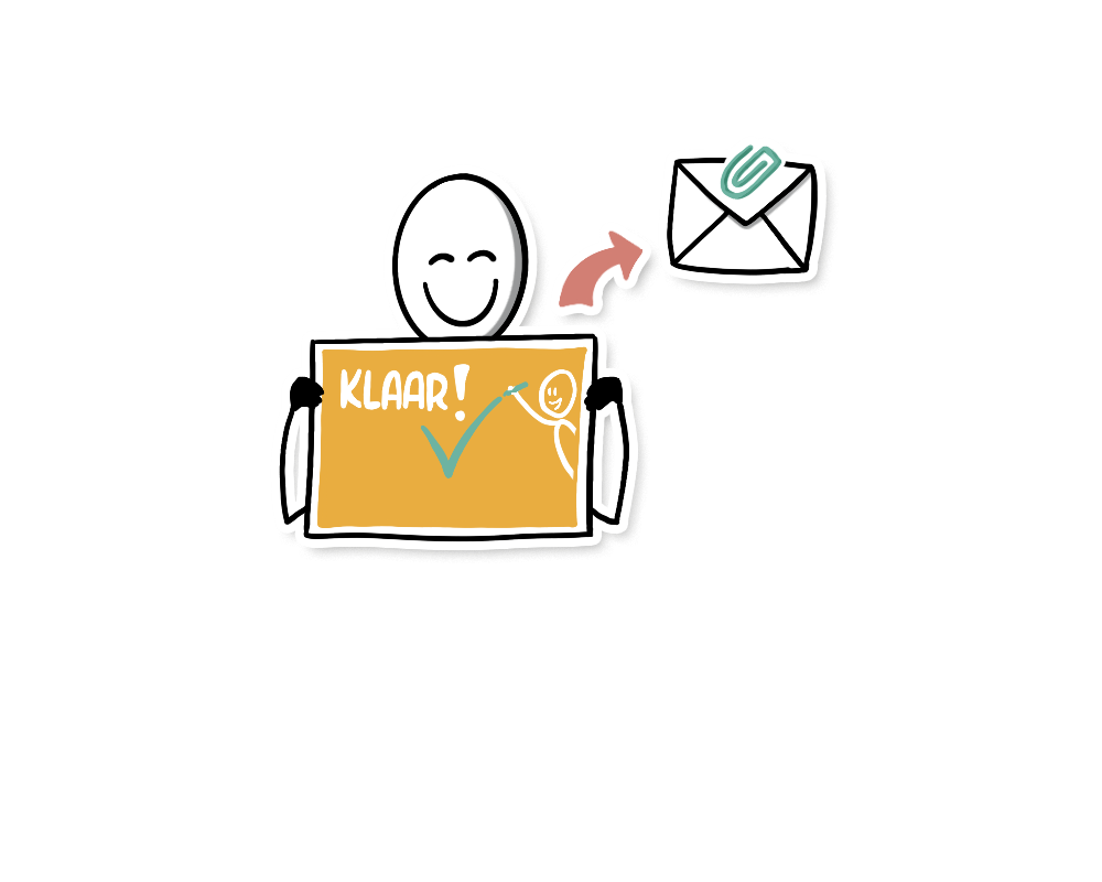 Visual vrolijke klant met visual in de hand en verwijzing naar een envelop: wordt digitaal verzonden